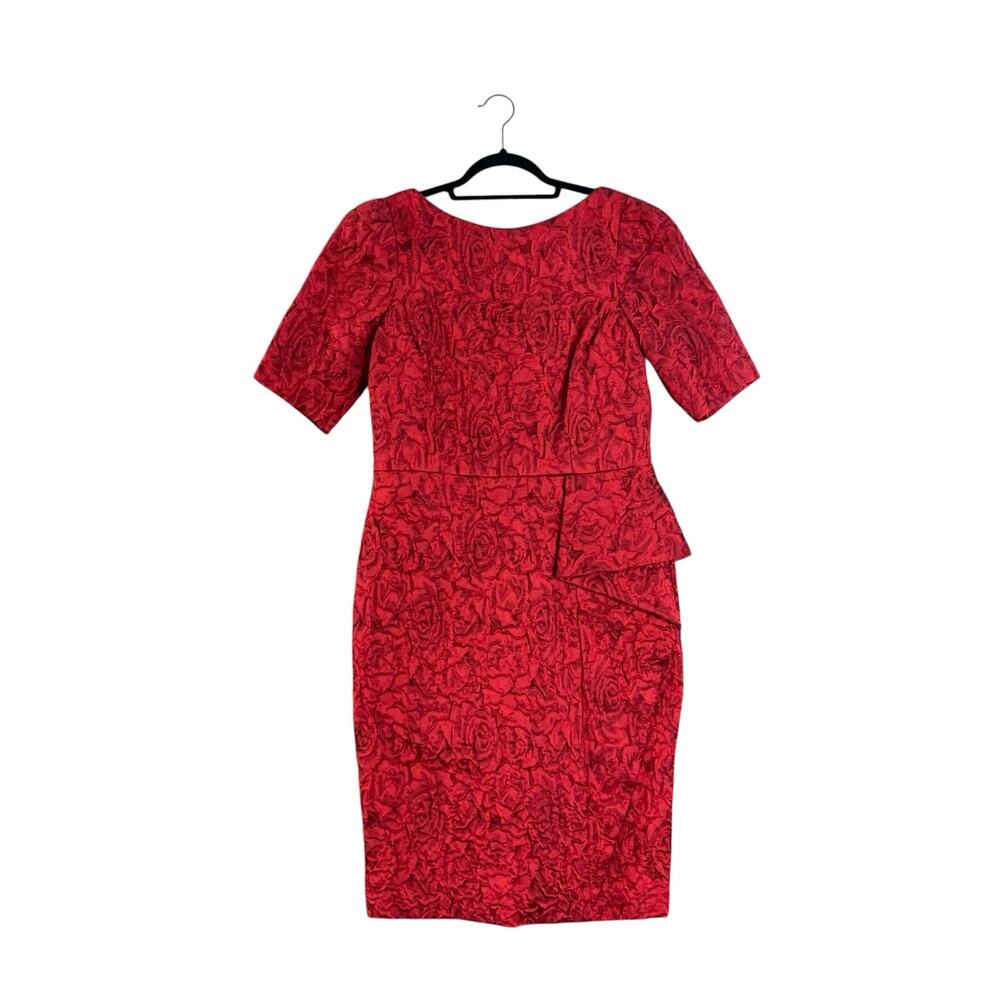 Rickie Freeman Teri Jon Floral Jacquard Sheath Dress 12 Red Wedding Guest Formal